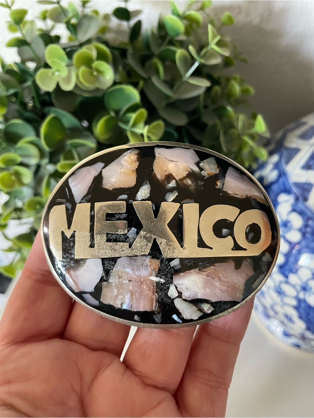 Vintage Alpaca Mexico Abalone Shell Inlay Alpaca Silver Oval Belt buckle